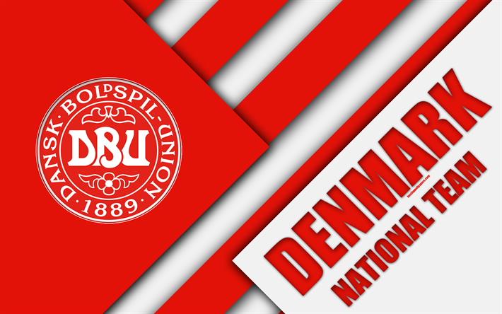 Tanskan jalkapallomaajoukkue, 4k, tunnus, materiaali suunnittelu, valkoinen sininen punainen abstraktio, logo, jalkapallo, Tanska, vaakuna