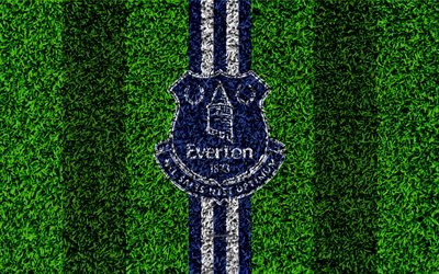 Everton FC, 4k, futbol &#231;im, amblem, logo, İngiliz Futbol Kul&#252;b&#252;, yeşil &#231;im doku, Premier Lig, Liverpool, İngiltere, futbol