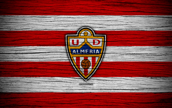 Almeria FC, 4k, Segunda Division, soccer, football club, Spain, UD Almeria, logo, LaLiga2, wooden texture, FC Almeria