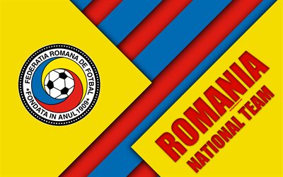 Romania national football team, 4k, emblem, material design, yellow blue abstraction, Romanian Football Federation, logo, football, Romania, coat of arms