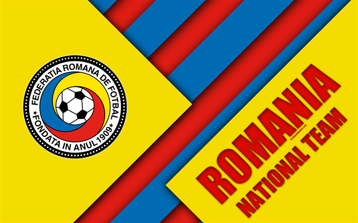 Romania national football team, 4k, emblem, material design, yellow blue abstraction, Romanian Football Federation, logo, football, Romania, coat of arms