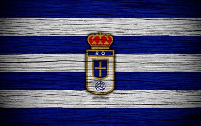 Real Oviedo FC, 4k, Segunda Division, futbol, futbol kul&#252;b&#252;, İspanya, Real Oviedo, logo, LaLiga2, ahşap doku, FC Real Oviedo