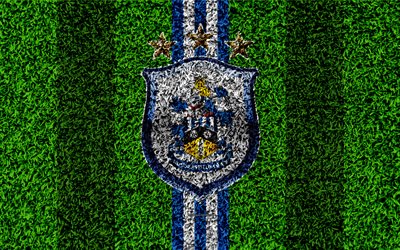 Huddersfield Town AFC, 4k, futebol gramado, emblema, logo, Clube de futebol ingl&#234;s, grama verde textura, Premier League, Huddersfield, Inglaterra, Reino Unido, futebol