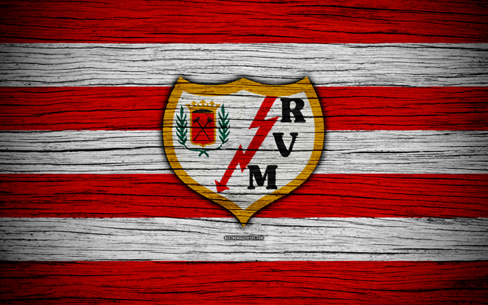 Rayo Vallecano FC, 4k, Segunda Division, soccer, football club, Spain, Rayo Vallecano, logo, LaLiga2, wooden texture, FC Rayo Vallecano