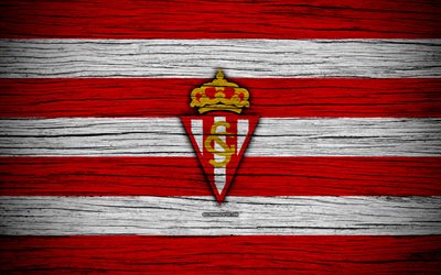 Sporting Gijon FC, 4k, Segunda Division, soccer, football club, Spain, Sporting de Gijon, logo, LaLiga2, wooden texture, FC Sporting Gijon