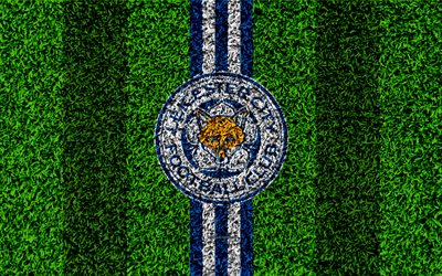 Leicester City FC, LCFC, 4k, football lawn, emblem, logo, English football club, green grass texture, Premier League, Leicester, England, United Kingdom, football