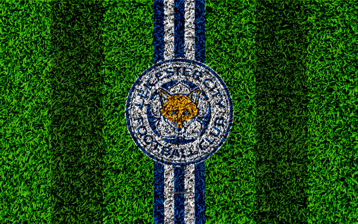 Leicester City FC, LCFC, 4k, le football pelouse, embl&#232;me, logo, club de football anglais, de l&#39;herbe verte de la texture, de la Premier League, Leicester, Angleterre, Royaume-Uni, le football