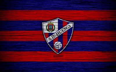 Huesca FC, 4k, Segunda Division, soccer, football club, Spain, SD Huesca, logo, LaLiga2, wooden texture, FC Huesca