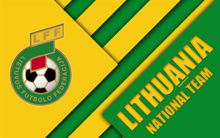 Lithuania national football team, 4k, emblem, material design, green yellow abstraction, logo, Lithuanian Football Federation, football, Lithuania, coat of arms