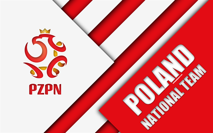 Poland national football team, 4k, emblem, material design, white red abstraction, logo, Polish Football Association, football, Poland, coat of arms