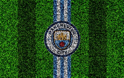 Manchester City FC, 4k, futbol &#231;im, MC amblem, logo, İngiliz Futbol Kul&#252;b&#252;, yeşil &#231;im doku, Premier Lig, Manchester, İngiltere, futbol