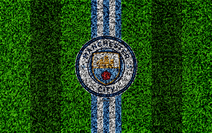 Le Manchester City FC, 4k, le football pelouse, MC embl&#232;me, logo, club de football anglais, de l&#39;herbe verte de la texture, de la Premier League, Manchester, Angleterre, Royaume-Uni, le football