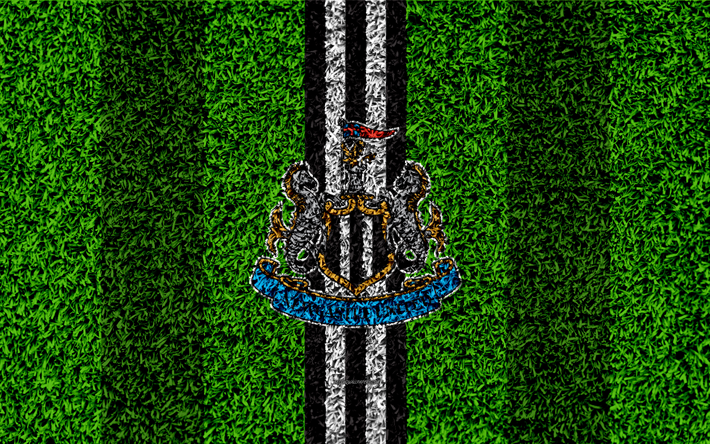 O Newcastle United FC, 4k, DISPUTA, futebol gramado, emblema, Newcastle logotipo, Clube de futebol ingl&#234;s, grama verde textura, Premier League, Newcastle upon Tyne, Inglaterra, Reino Unido, futebol