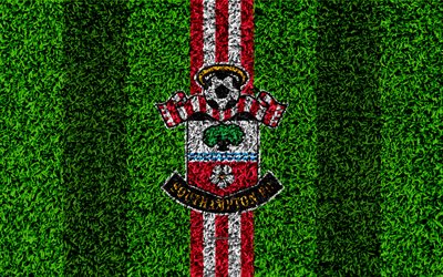 Southampton FC, 4k, football lawn, emblem, logo, English football club, green grass texture, Premier League, Southampton, England, United Kingdom, football