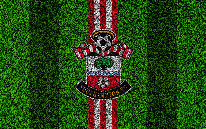 Southampton FC, 4k, le football pelouse, embl&#232;me, logo, club de football anglais, de l&#39;herbe verte de la texture, de la Premier League, Southampton, Angleterre, Royaume-Uni, le football