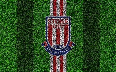 Stoke City FC, 4k, le football pelouse, embl&#232;me, logo, club de football anglais, de l&#39;herbe verte de la texture, de la Premier League, Stoke-on-Trent, Angleterre, Royaume-Uni, le football
