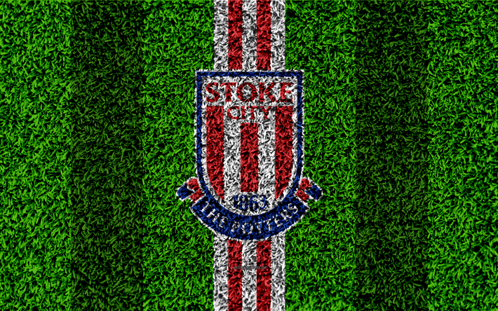 Stoke City FC, 4k, futbol &#231;im, amblem, logo, İngiliz Futbol Kul&#252;b&#252;, yeşil &#231;im doku, İngiltere Premier Ligi, Stoke-on-Trent, İngiltere, Birleşik Krallık, futbol
