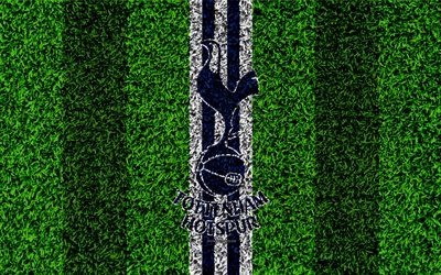 Tottenham Hotspur FC, 4k, football lawn, emblem, Tottenham logo, English football club, green grass texture, Premier League, Tottenham, London, England, United Kingdom, football