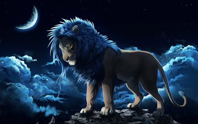 le&#243;n, la noche, las leo, las nubes, la luna, el depredador, el rey de las bestias