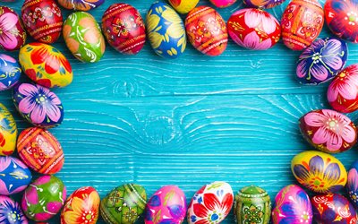 Easter eggs, decorated eggs, blue wooden background, boards, Happy Easter, frame from eggs