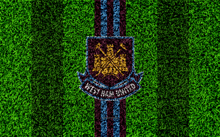 West Ham United FC, 4k, futbol &#231;im, amblem, logo, İngiliz Futbol Kul&#252;b&#252;, yeşil &#231;im doku, İngiltere Premier Ligi, Stratford, Londra, İngiltere, Birleşik Krallık, futbol