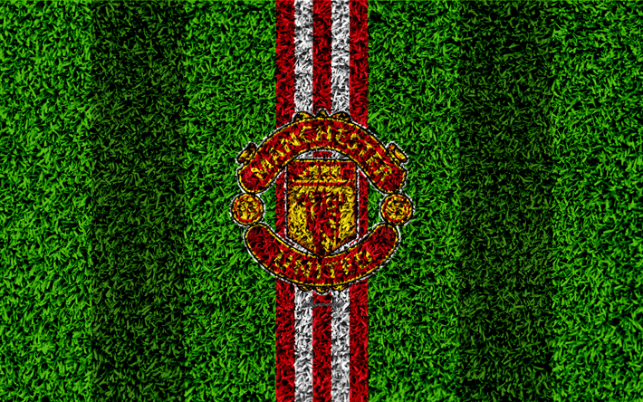 Manchester United FC, 4k, futbol &#231;im, amblem, logo MU, İngiliz Futbol Kul&#252;b&#252;, yeşil &#231;im doku, Premier Lig, Manchester, İngiltere, futbol
