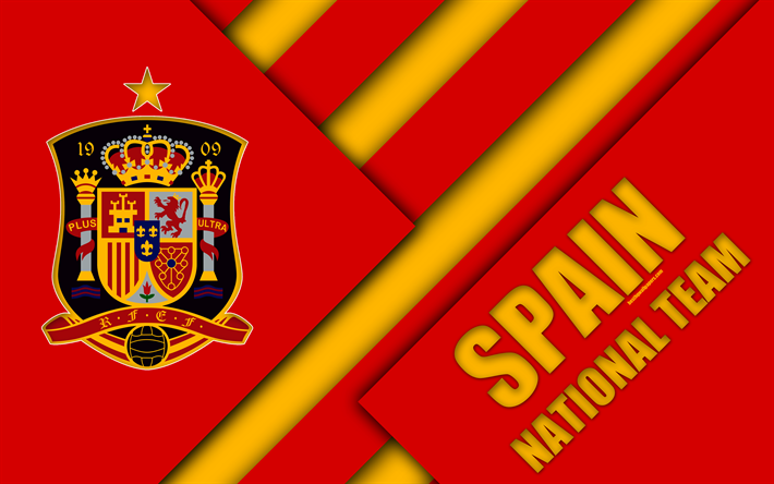 スペインサッカーチーム, 4k, エンブレム, 材料設計, 赤黄色の抽象化, ロイヤルスペインサッカー協会, ロゴ, サッカー, スペイン, 紋