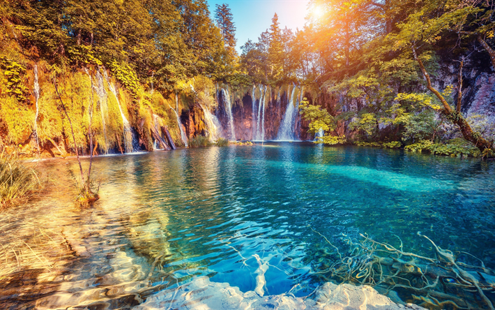 Croatia, Plitvice Lakes National Park, 4k, waterfalls, oasis, forest, Europe