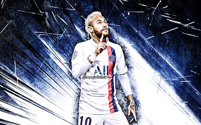 Neymar, 4k, white uniform, brazilian footballers, PSG, grunge art, Ligue 1, Neymar da Silva Santos Junior, soccer, football, Neymar 4K, Paris Saint-Germain, Neymar JR