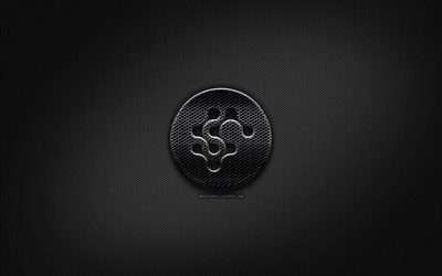 Synereo AMP black logo, cryptocurrency, grid metal background, Synereo AMP, artwork, creative, cryptocurrency signs, Synereo AMP logo