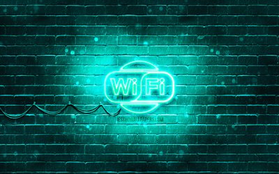 Wi-Fi turkuaz işareti, 4k, turkuaz brickwall, Wi-Fi işareti, sanat, Wi-Fi neon tabela, Wi-Fi