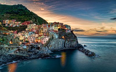 Manarola, twilight, summer, italian cities, harbor, Cinque Terre, Italy, Europe, Manarola at evening