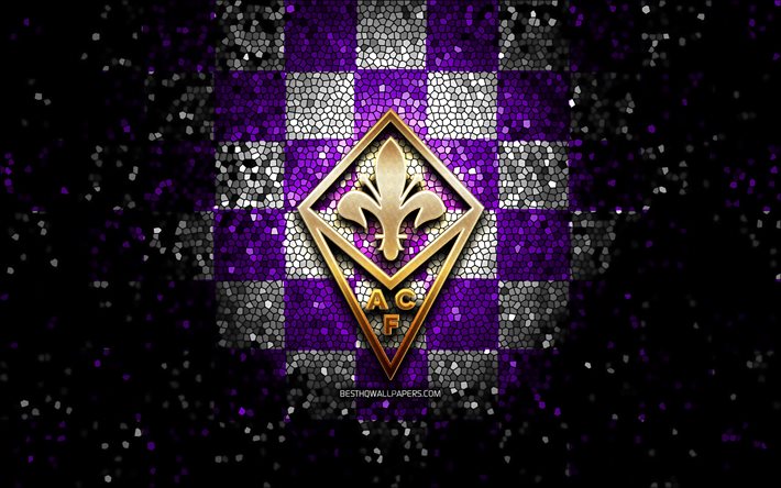 Fiorentina FC, glitter logo, Serie, mor, beyaz damalı arka plan, futbol, AFC Fiorentina, İtalyan Futbol Kul&#252;b&#252;, Fiorentina logo, mozaik sanatı, İtalya