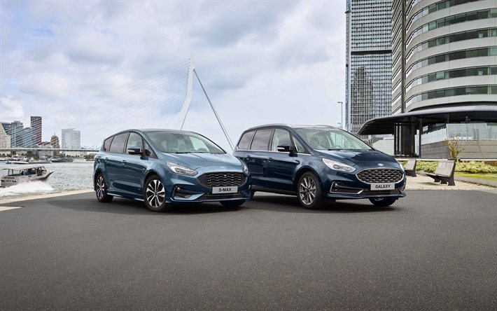 Ford S-Max, 2020, Ford Galaxy, vue de face, &#224; l&#39;ext&#233;rieur, bleu nouveau S-Max, monospace, bleu nouveau Galaxy, les voitures am&#233;ricaines, Ford