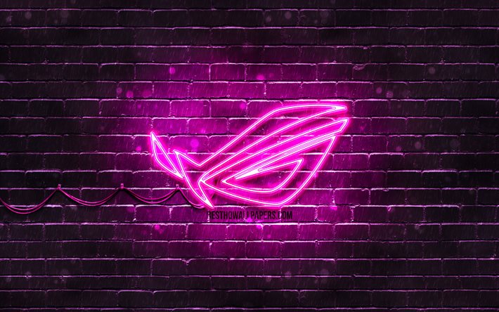 ROG purple logo, 4k, purple brickwall, Republic Of Gamers, ROG logo, brands, ROG neon logo, ROG