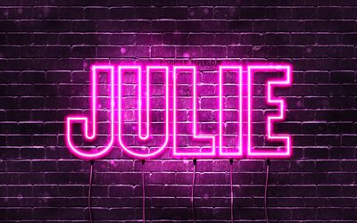 Julie, 4k, wallpapers with names, female names, Julie name, purple neon lights, horizontal text, picture with Julie name