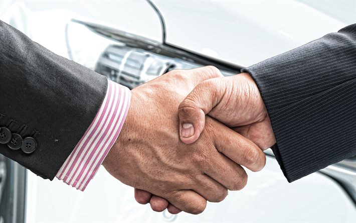 handshake, buying new car, business people, buying car, car sale, deal of buying new car, car showroom