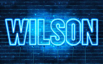 Wilson, 4k, wallpapers with names, horizontal text, Wilson name, blue neon lights, picture with Wilson name