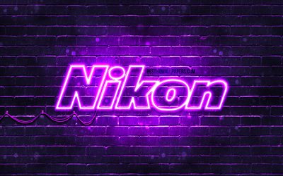 Nikon violet logo, 4k, mor brickwall, Nikon logo, marka, logo, neon, Nikon