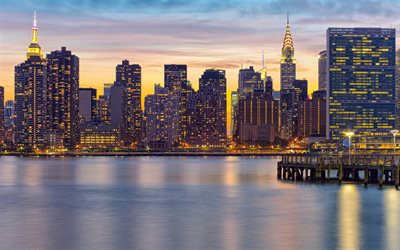 Nueva York, Manhattan, tarde, puesta de sol, rascacielos, Edificio Empire State, el Edificio Chrysler, paisaje urbano, ciudad de nueva york, estados UNIDOS