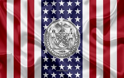 new york-siegel, 4k, seide textur, amerikanische flagge, usa, new york, amerikanische stadt, siegel new york, seide flagge