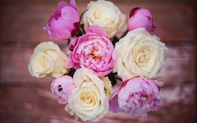 rosor och pioner bukett, br&#246;llop bukett, bokeh, rosa blommor, bukett av vita blommor, pioner bukett