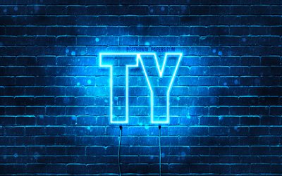 Ty, 4k, fondos de pantalla con los nombres, el texto horizontal, Ty nombre, luces azules de ne&#243;n, de la imagen con el nombre de Ty