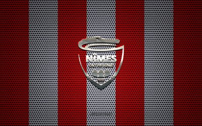Nimes Olympique logo, French football club, metal emblem, red white metal mesh background, Nimes Olympique, Ligue 1, Nimes, France, football
