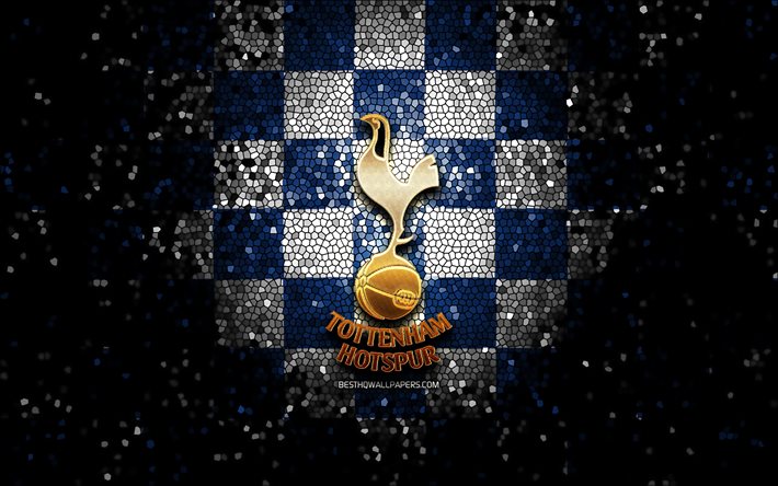 Tottenham Hotspur FC, glitter-logo, Premier League, sininen valkoinen ruudullinen tausta, jalkapallo, Tottenham Hotspur, englannin football club, Tottenham Hotspur-logo, mosaiikki taidetta, Englanti