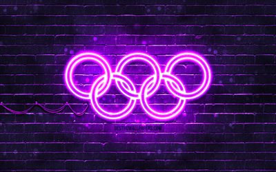 Violet Olympic Rings, 4k, violet brickwall, Olympic rings sign, olympic symbols, Neon Olympic rings, Olympic rings