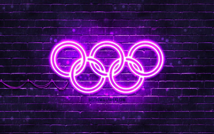 Violett Olympiska Ringar, 4k, violett brickwall, Olympiska ringar tecken, olympiska symboler, Neon Olympiska ringar, Olympiska ringar