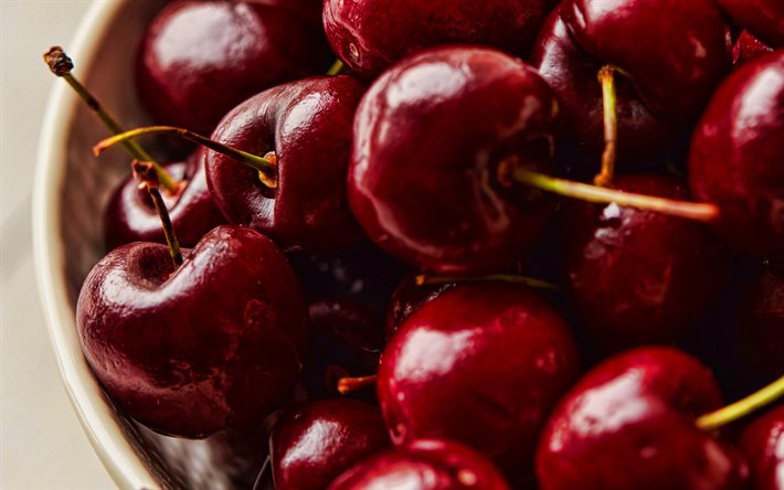 cherry, 4k, fruits, close-up, ripe cherry, macro, background with cherry