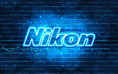 Nikon mavi logo, 4k, mavi, brickwall, Nikon logo, marka, logo, neon, Nikon