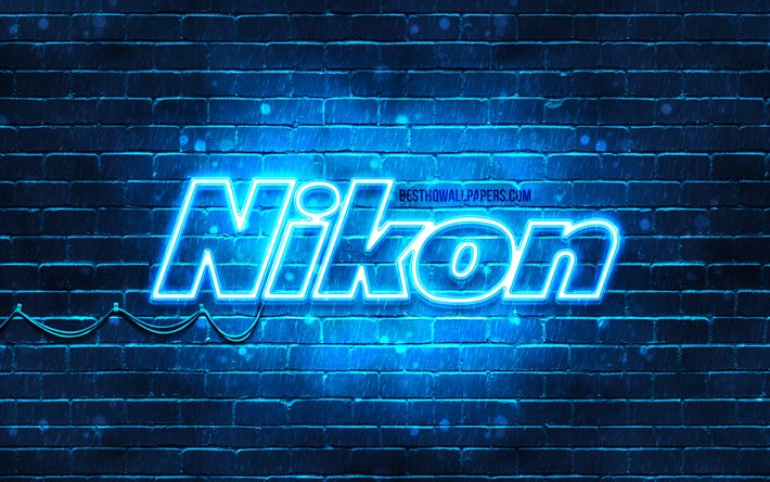 Nikon blue logo, 4k, blue mur de briques, Nikon, logo, marques, Nikon neon logo